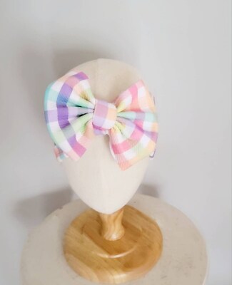 Pastel Check Plaid Knit Hair Bow - Headwrap - Clip - Pigtail Bows - Headband - Peach - Easter - Rainbow - Spring - Birthday - Purple - Small - image1
